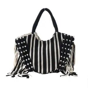 Black and white boho fringe tote